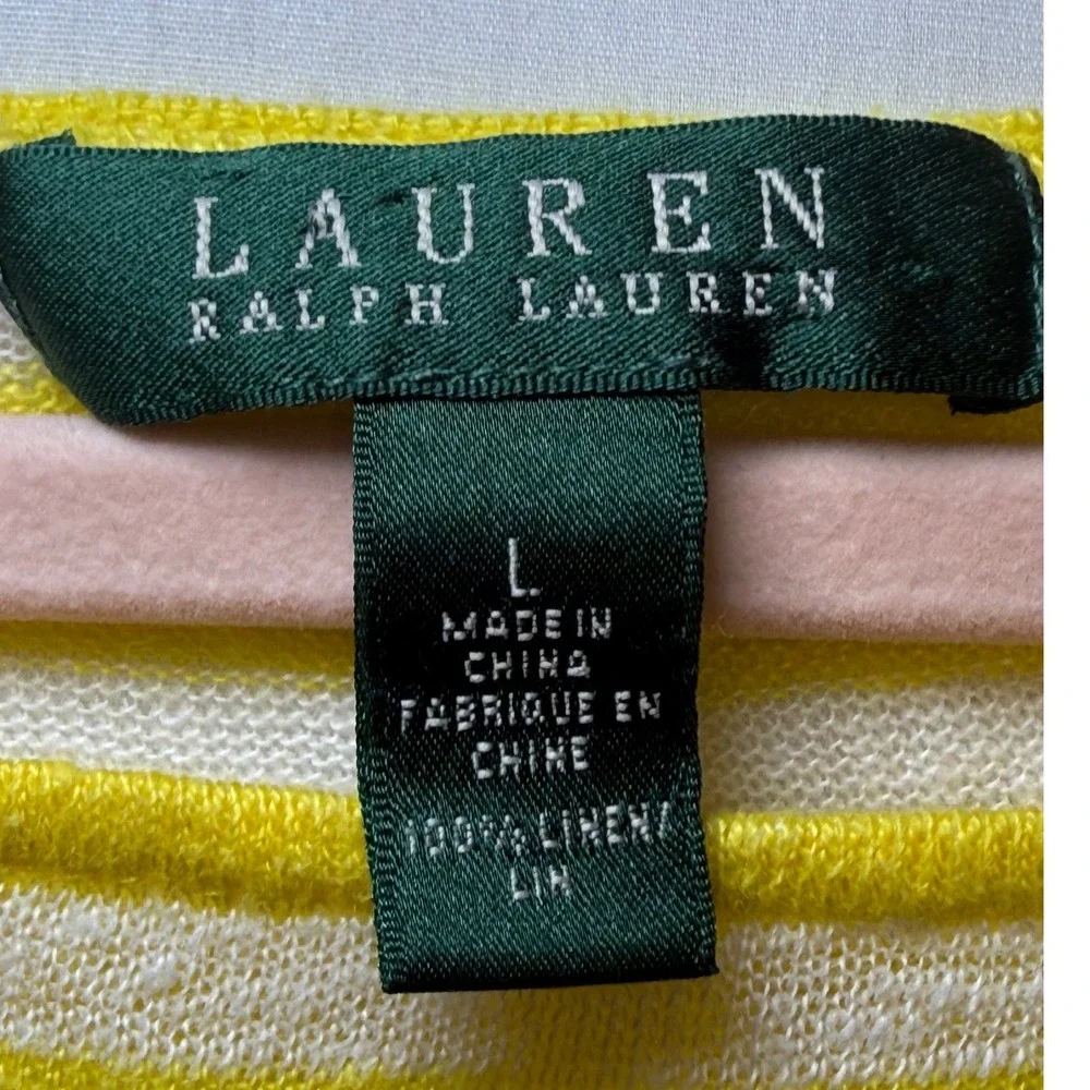 Lauren Ralph Lauren Yellow White Striped 100% Linen‎ Knit Sweater Top Womens L